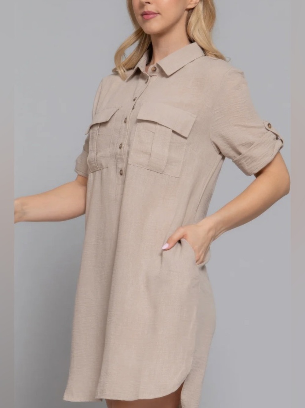 Khaki Linen-Like Mini Shirt Dress/Short Sleeves (Boutique Brand): Size Small